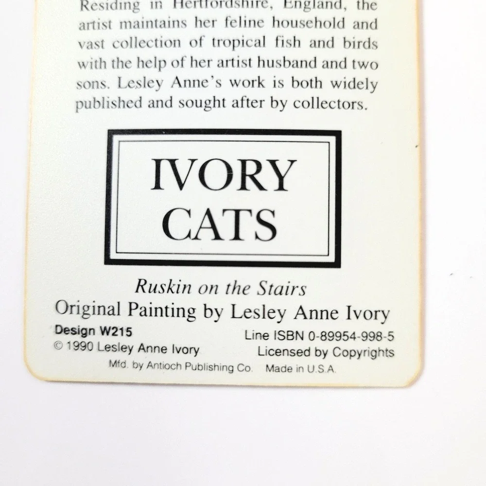 Vintage 90s Ivory Cats Card Bookmark Ruskin Stairs 1990 Lesley Anne Antioch W215